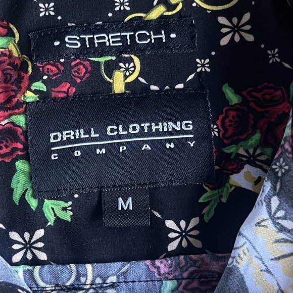 Drill Clothing Shirt Mens Medium Black Button Up Chain Print Tiger Roses Stretch - Picture 4 of 10